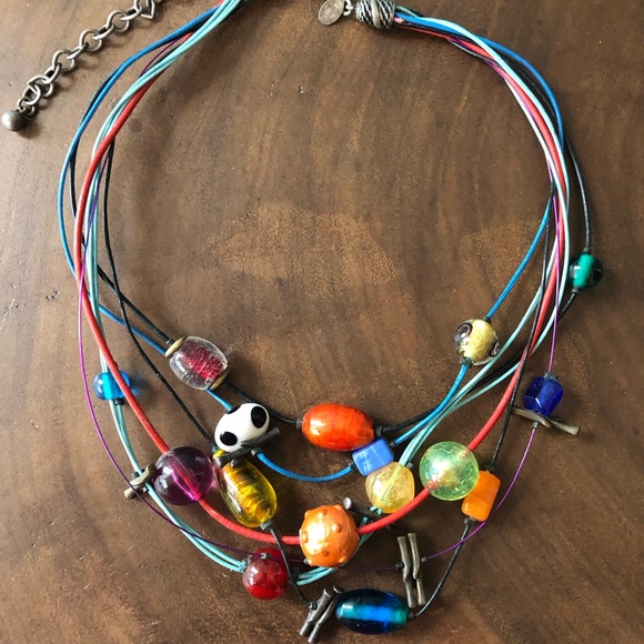 Multicolored beads and multicolored cords on this fun necklace, 17” long - Picture 4 of 9